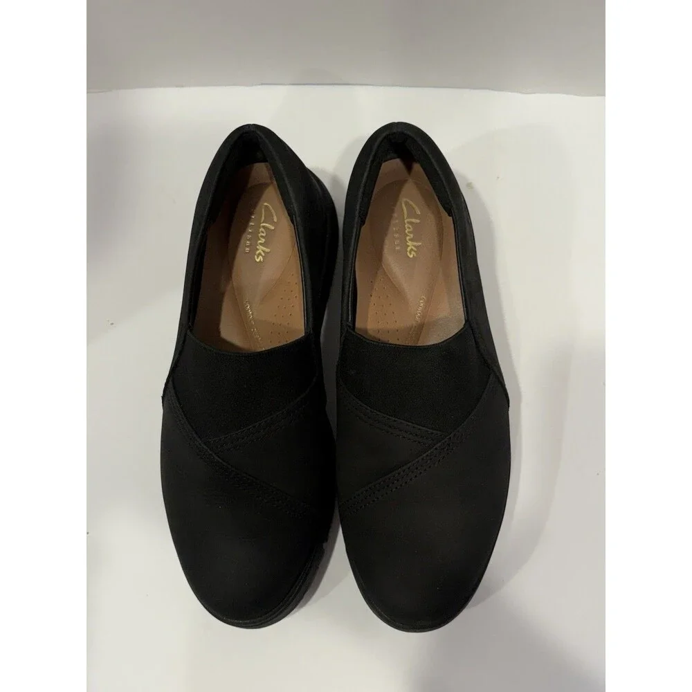 Clarks Loriini West Black Nubuck Platform Wedge Loafers Slip On Women’s 7.5